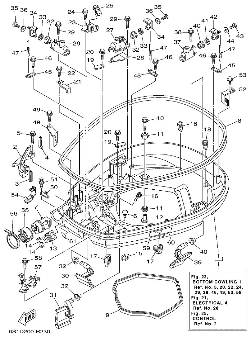Yamaha F200BET, FL200BET BOTTOM COWLING 1 parts diagram